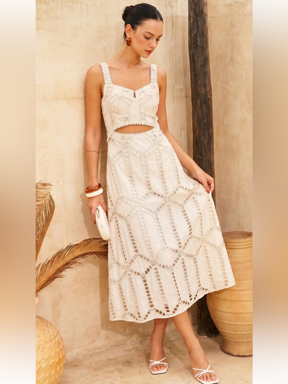 #400 Eyelet Embroidery Cutout Waist Midi Dress